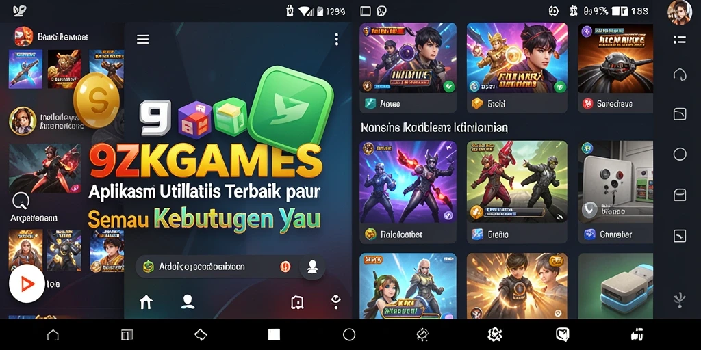 Screenshot gameplay aplikasi Utility 9ZKGAMES yang menampilkan berbagai fitur.