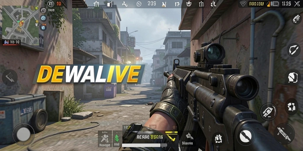 Screenshot gameplay DEWALIVE yang menunjukkan aksi menembak yang mendebarkan.
