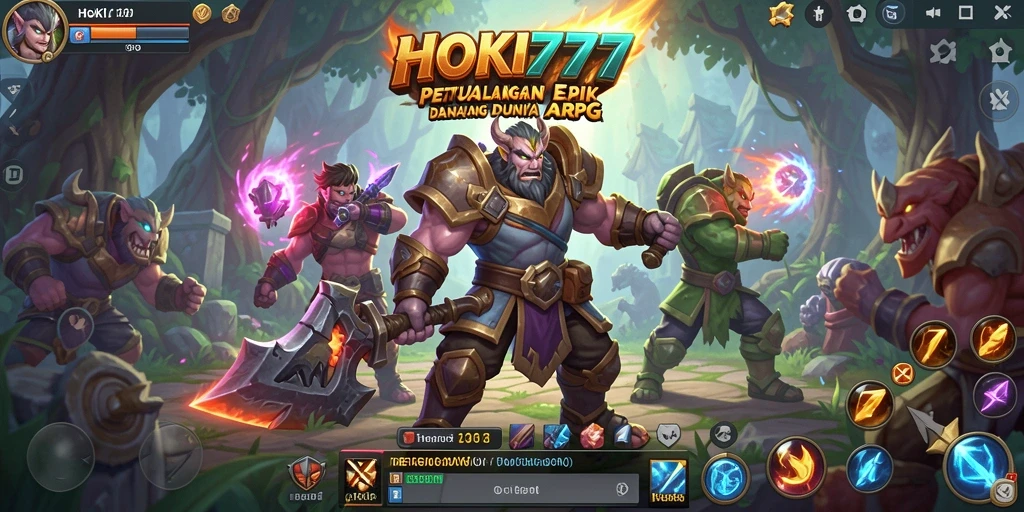 Screenshot gameplay HOKI777 menampilkan pertarungan epik di dunia fantasi.