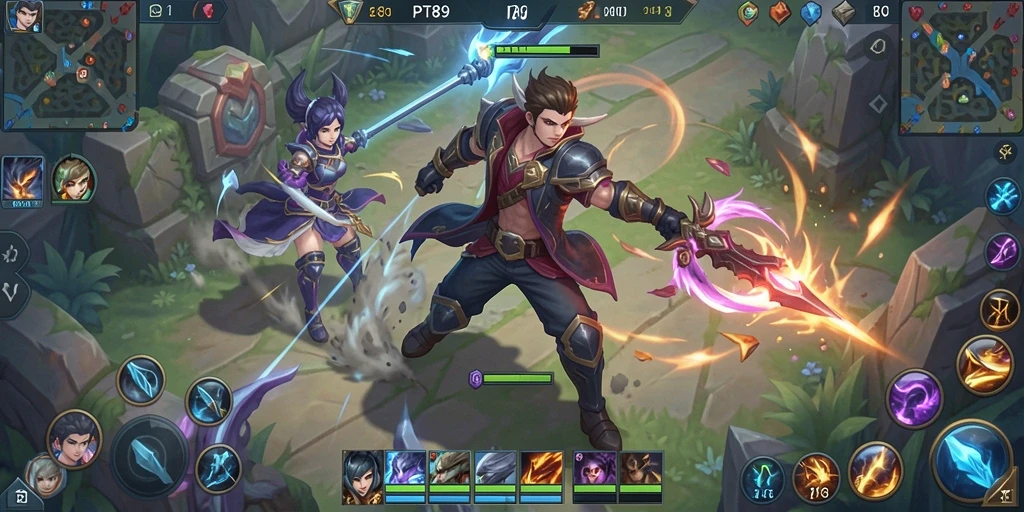 Tampilan gameplay seru dalam PT89, menunjukkan aksi MOBA intens.