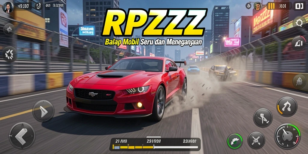 Gameplay RPZZZ dengan mobil balap sedang melaju kencang di trek.