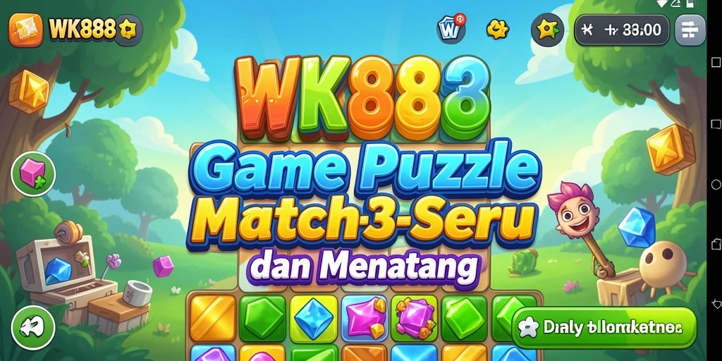 Tampilan gameplay WK888 dengan grafis warna-warni dan tantangan Match-3.